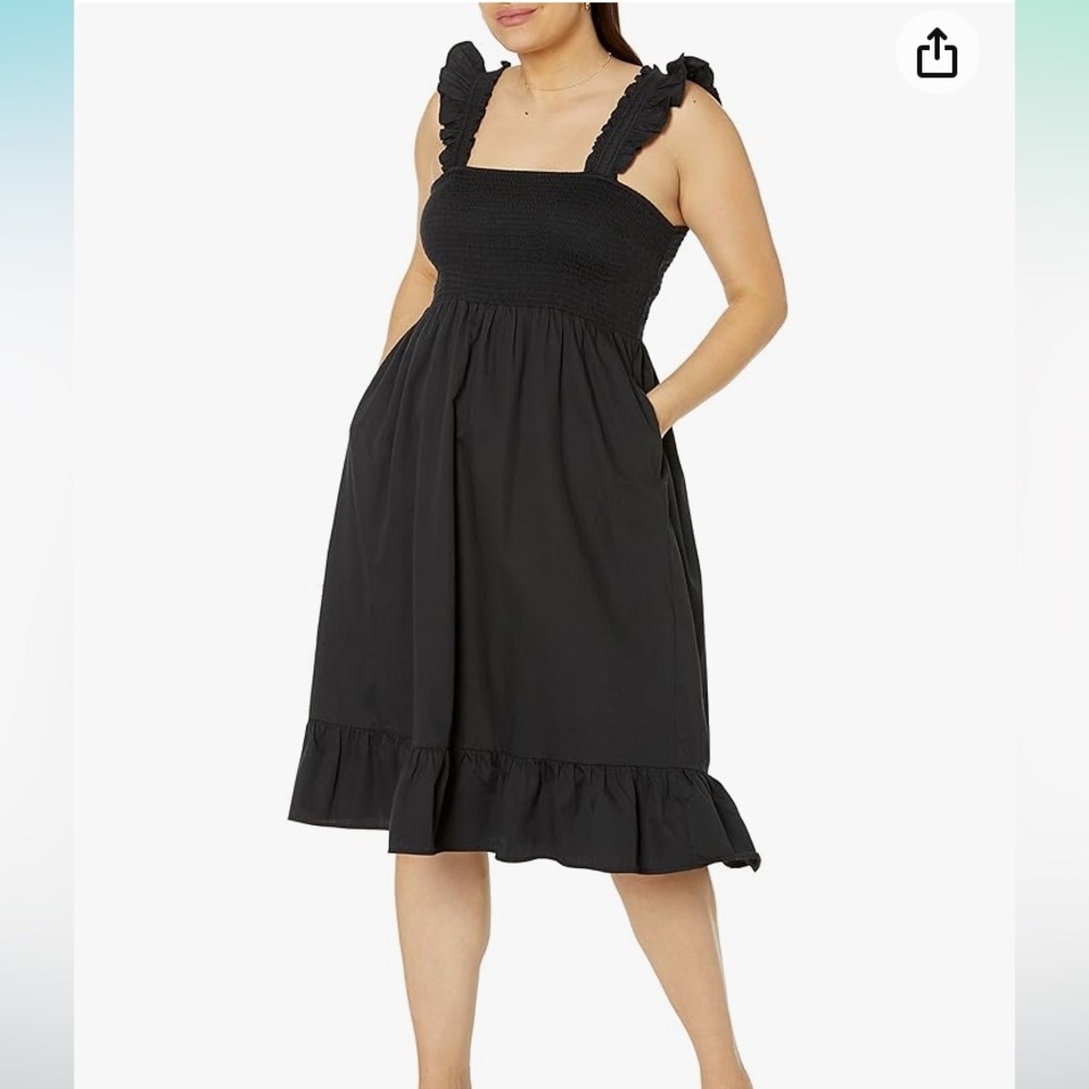 NWT The Drop KIMI black ruffed shoulder smocked midi cotton dress 2X